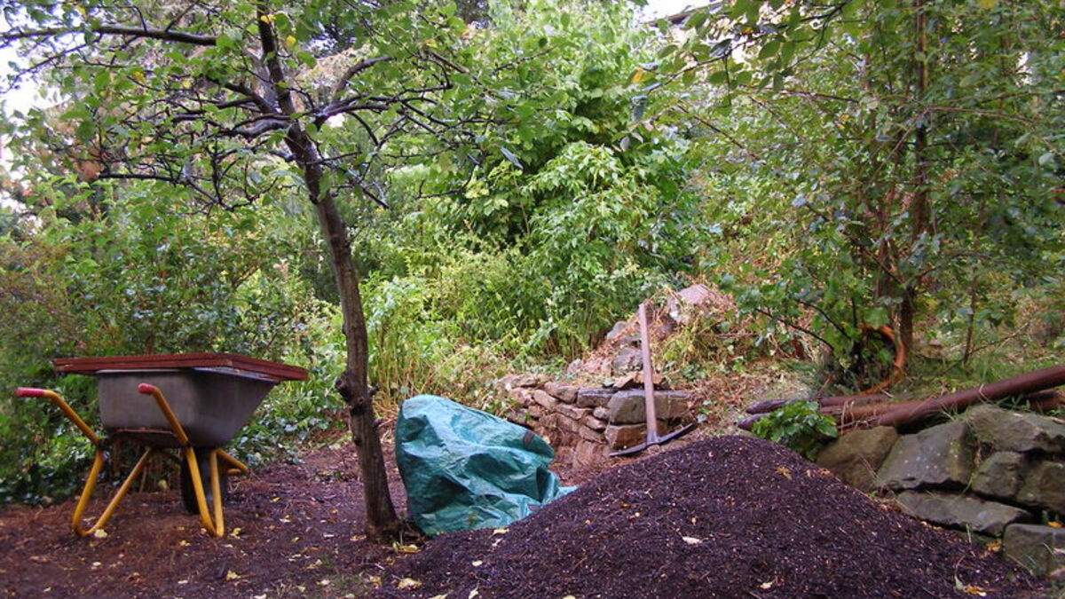 Wheelbarrow, spade and a fresh mulch pile in a wooded garden bed